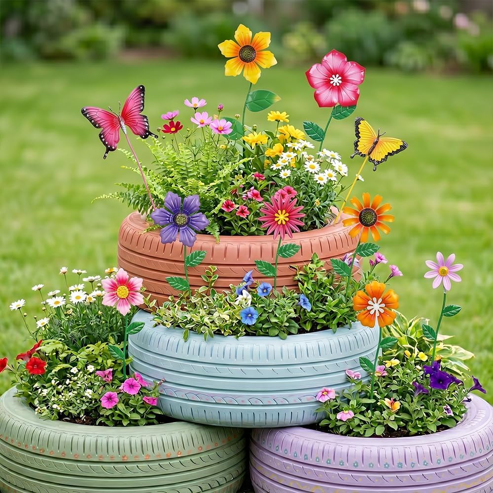 hogardeck Garden Decor for Outside, Set of 10 Metal Flowers Decorative Garden Stakes for Spring Decor, Yard Art Garden Decorations for Outdoor Lawn Porch Pathway (Multi-Color) (Color b)