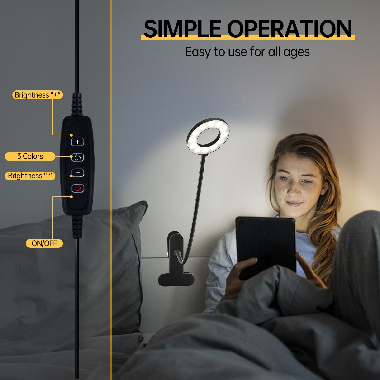 Aisutha Leselampe, Schwanenhals Leselampe Bett Augenschutz Klemmlampe mit 3 Modi & 10 Dimmstufen, 40cm Klemmleuchte für Büro Heimgebrauch, Schreibtischlampe Inklusive Adapter, Schwarz
