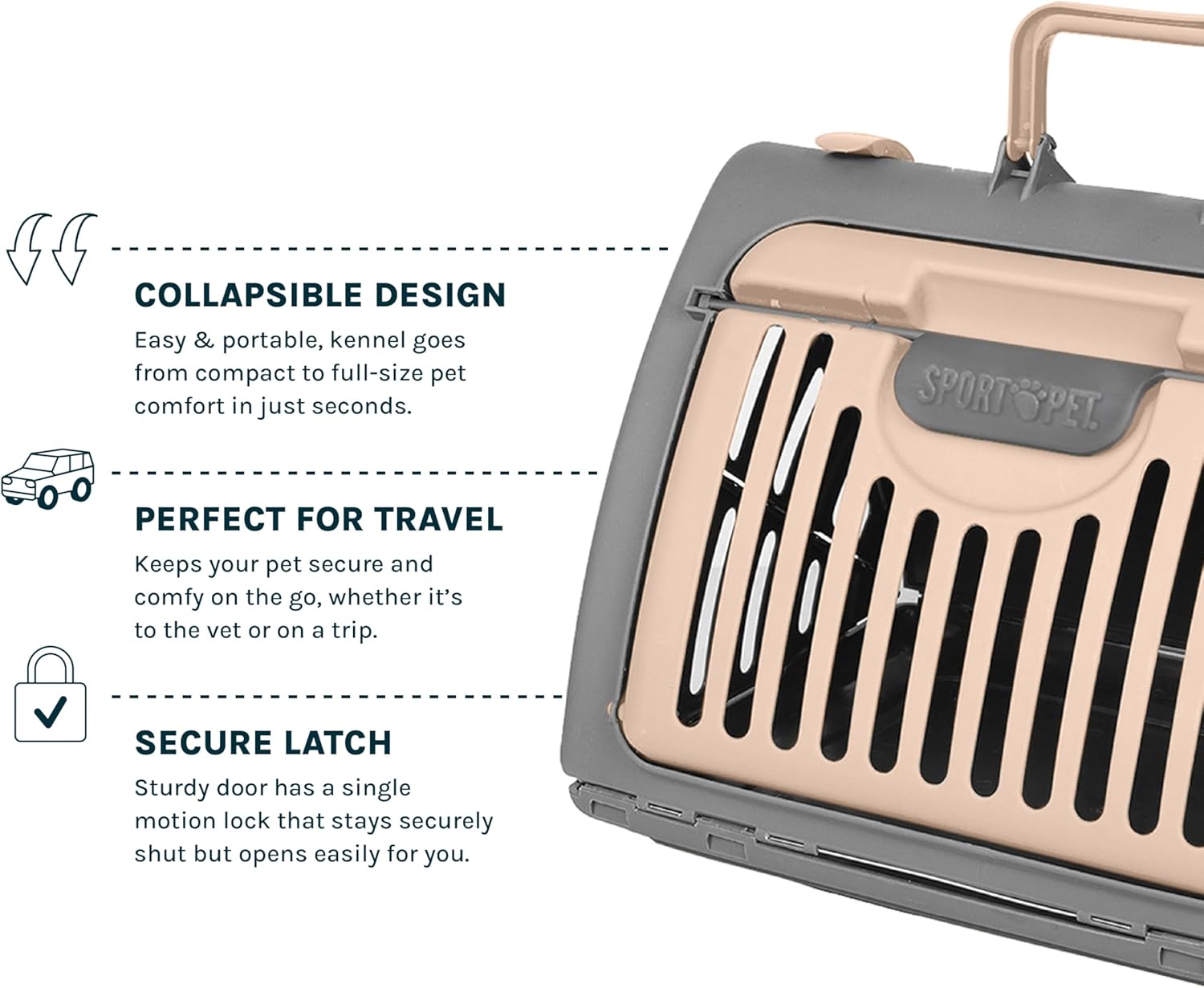 SportPet Designs Foldable Travel Cat Carrier - Front Door Plastic Collapsible Carrier, Gray and Tan, Medium (Pack of 1)