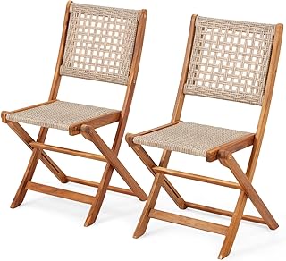 Outdoor Folding Chairs Set of 2, Wooden Patio Dining Chairs with High Back, Grey Rattan Farmhouse Style Deck Chair for Backyard, Porch, or Indoor Use