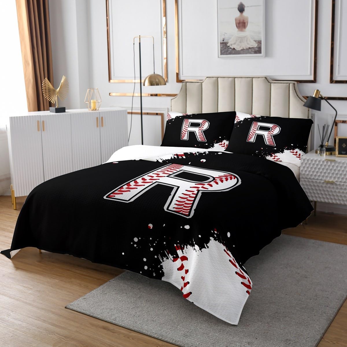 Ball Sports Games Competition Bedspread King,Initial Letter R Chic Fashion Quilted Coverlet 3pcs for Adults Teens Room Decor,Baseball Soft Breathable Bedding Quilt