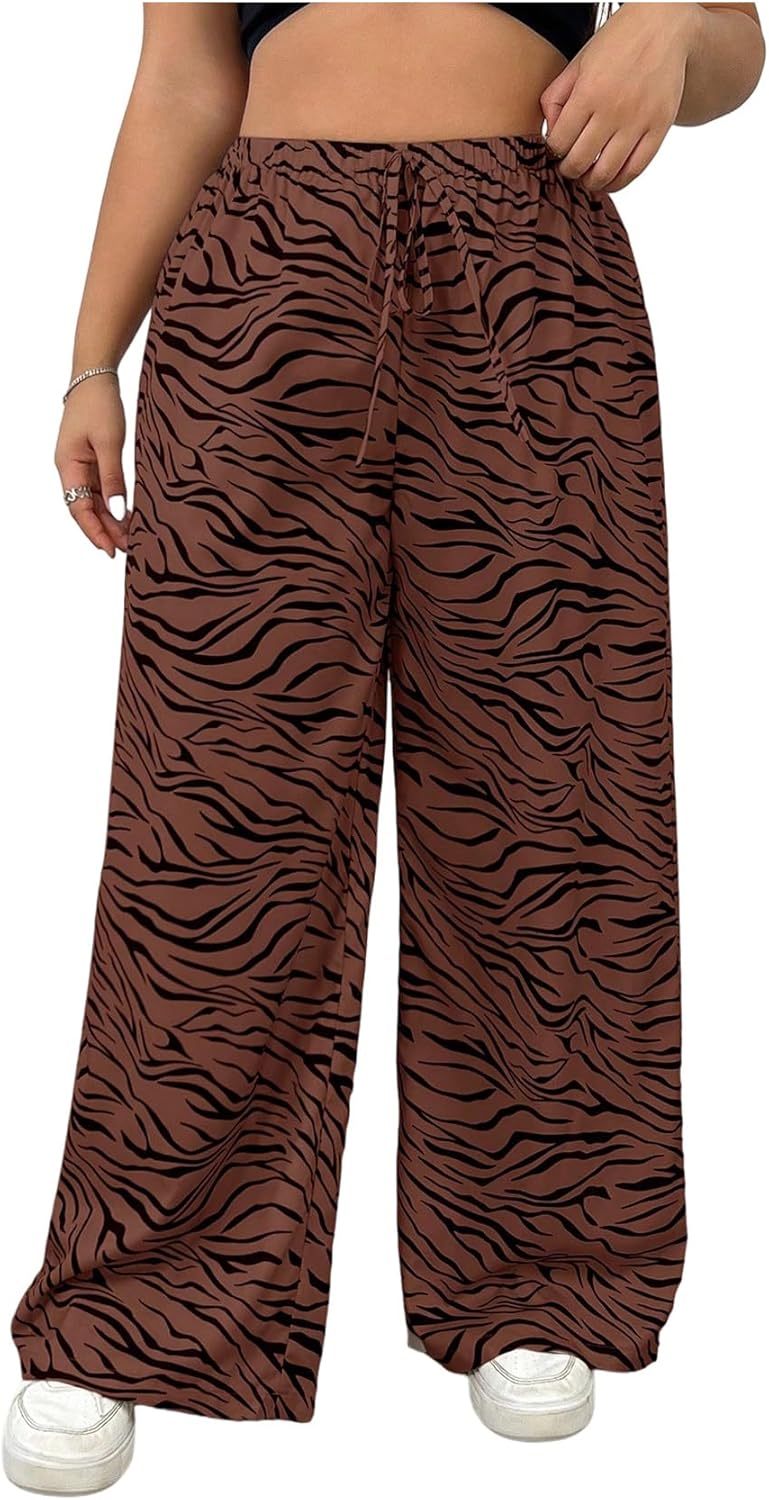 Floerns Women's Plus Size Zebra Wide Leg Pants High Waist Drawstring Casual Trousers