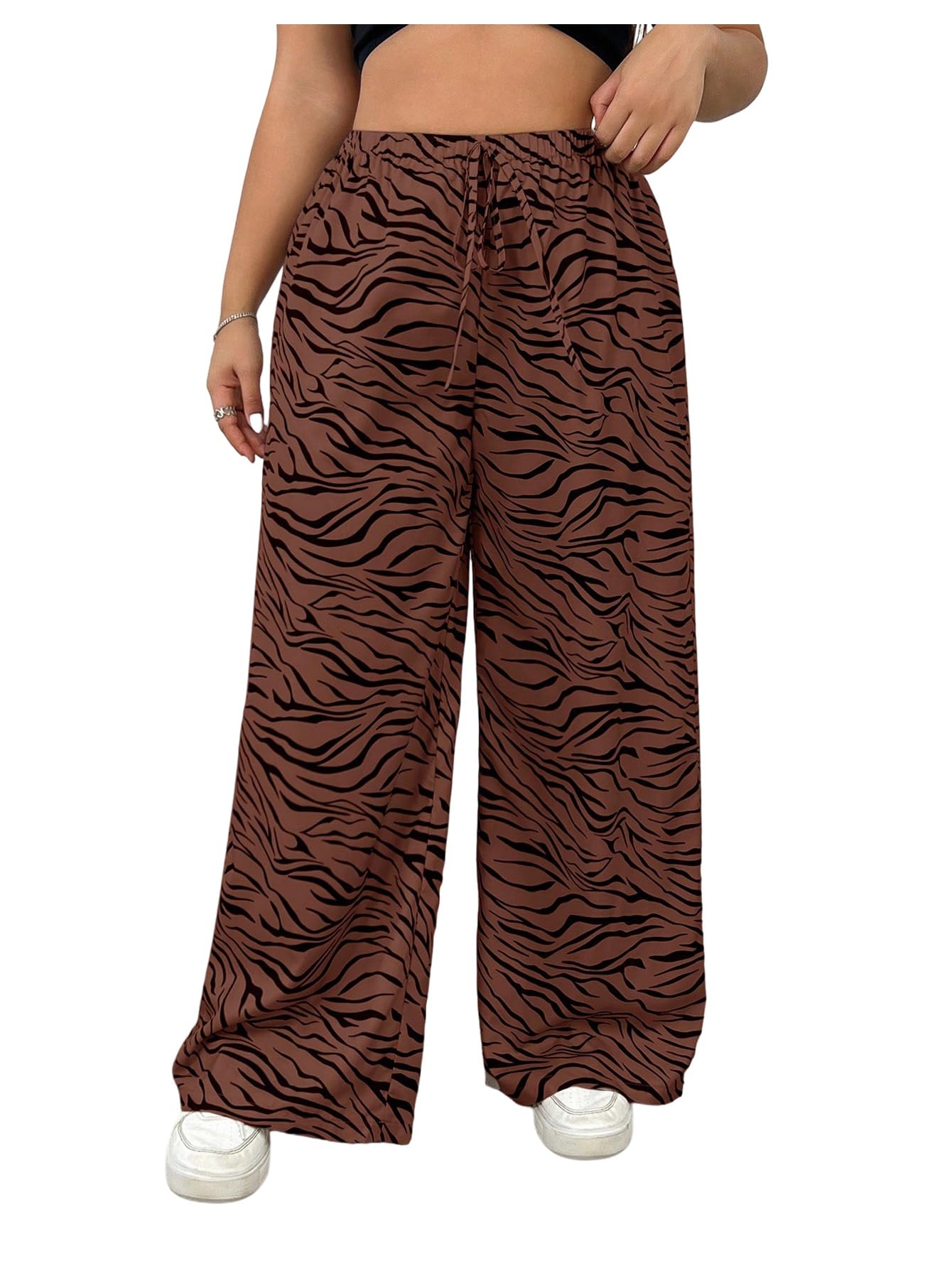 Floerns Womens Plus Size Zebra Wide Leg Pants High Waist Drawstring Casual Trousers