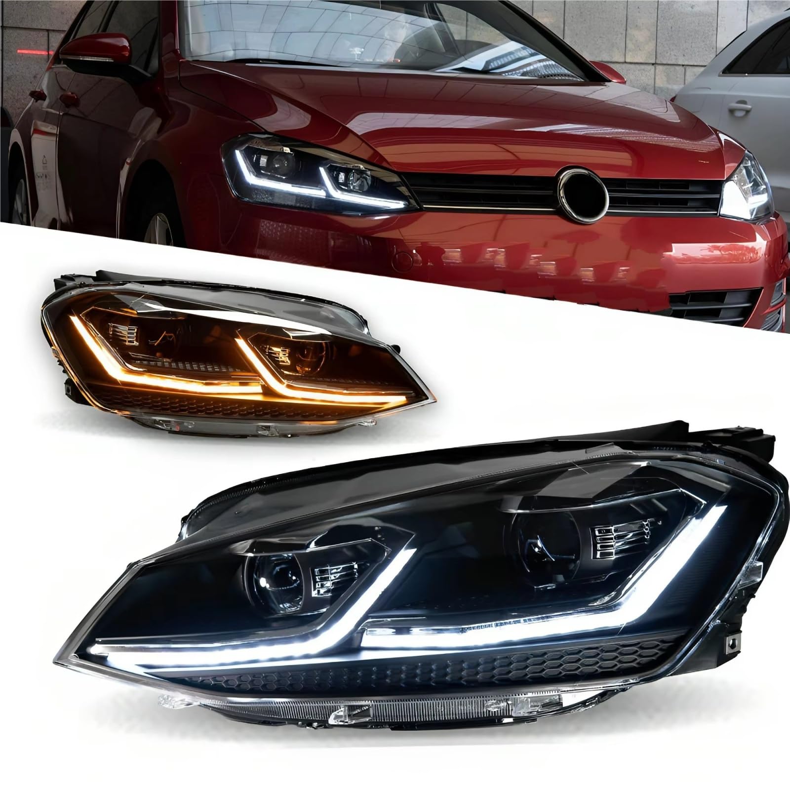 Faro Anteriore Gruppo Anteriore Fari A LED Faro Car Styling DRL Segnale Lente Del Proiettore Per VW Golf 7 MK7 Per Gti 2013 2014 2015 2016 2017 Set Di Fari(RHD,Red)