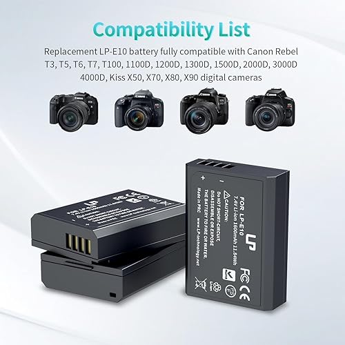 Miniatura 9 de LP Paquete de cargador de batería LP-E10, paquete de 2 baterías y cargador de doble ranura, compatible con Canon EOS Rebel T7, T6, T5, T3, T100,