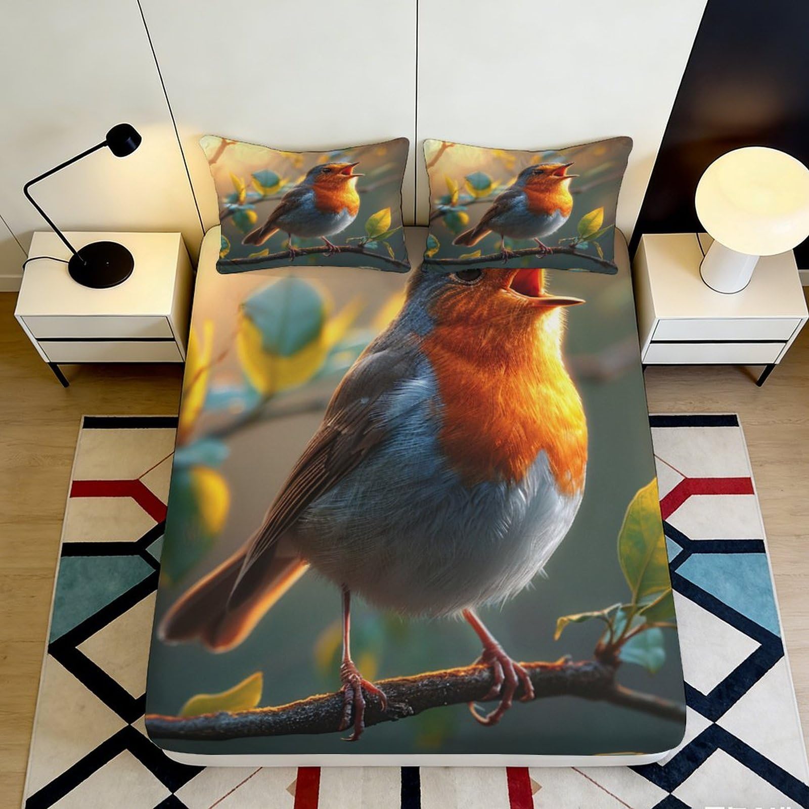3D Printed Robin Bird Fitted Sheet Microfiber Soft Anti-Slip Nature Branch Bed Sheet Bedroom Decor 90x200x25cm