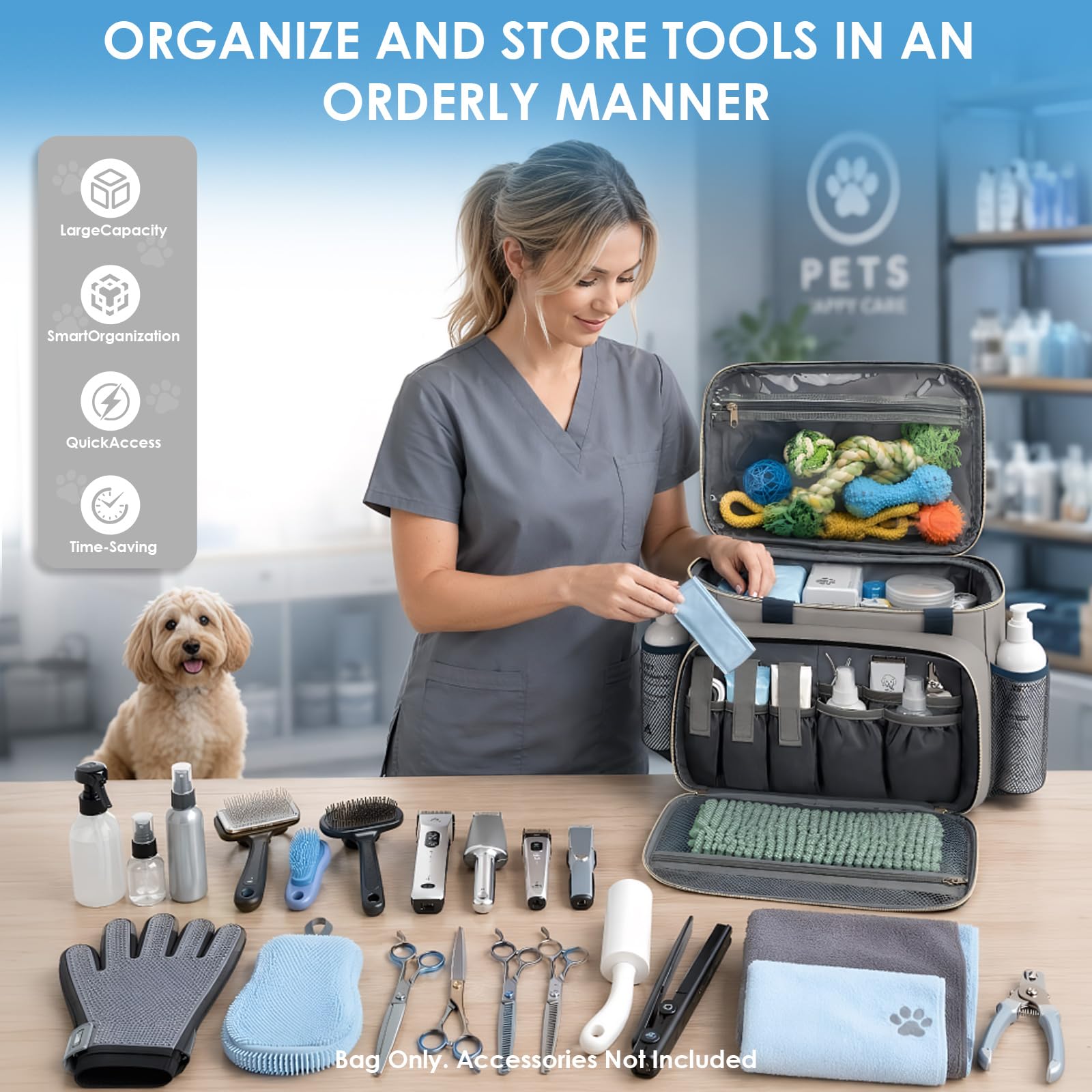 Borsa organizer per la toelettatura degli animali domestici: progettata per toelettatori e strumenti di toelettatura per cani e gatti; si adatta perfettamente a set di strumenti e accessori.