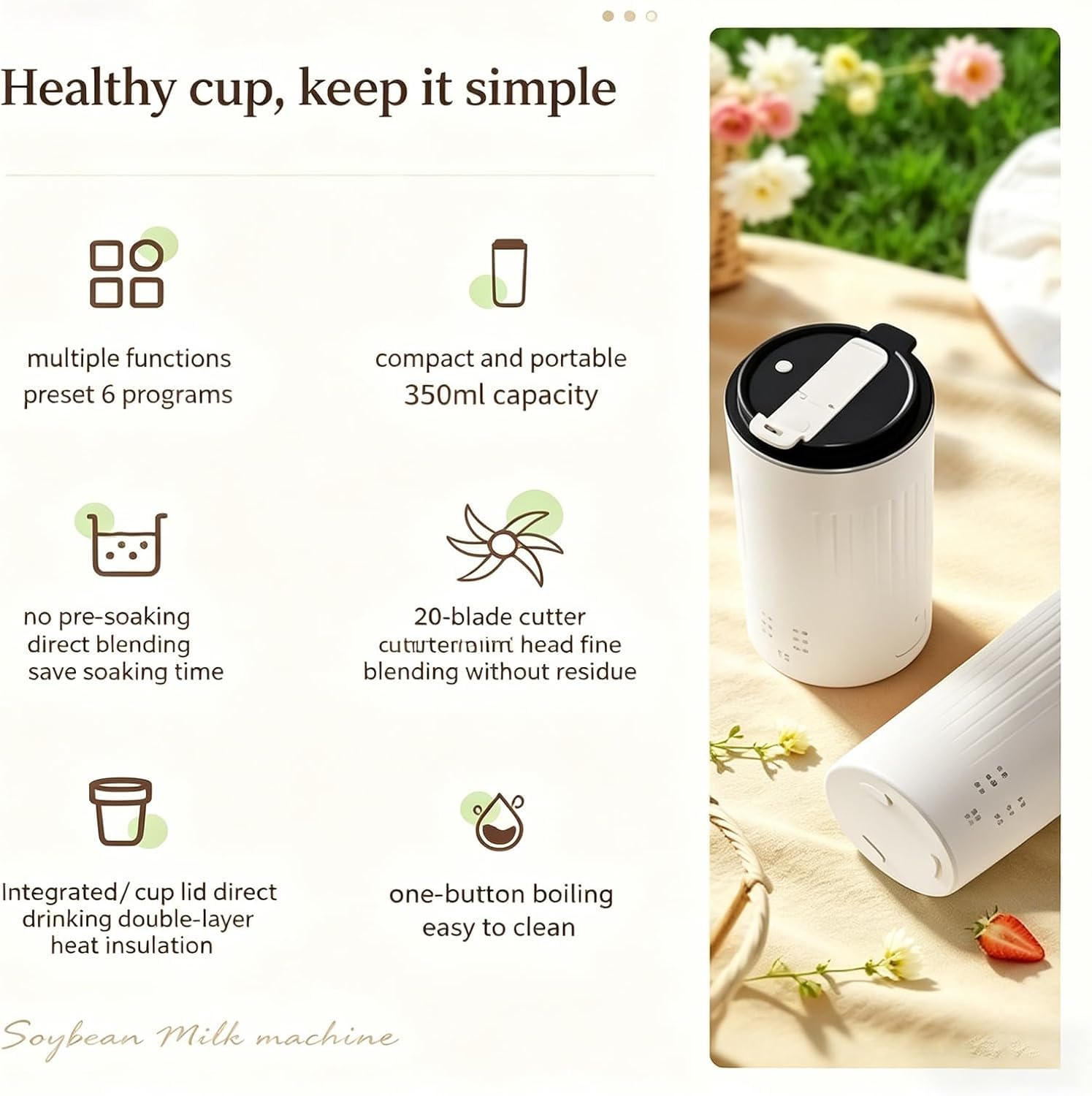 Machine À Lait De Soja Portable De 350 Ml, Prête À Consommer, Avec 6 Programmes Prédéfinis, Utilisation Simplifiée Grâce À Un Seul Bouton. Mini Mixeur À Soja Idéal Pour Le Bureau, Le Camping Et