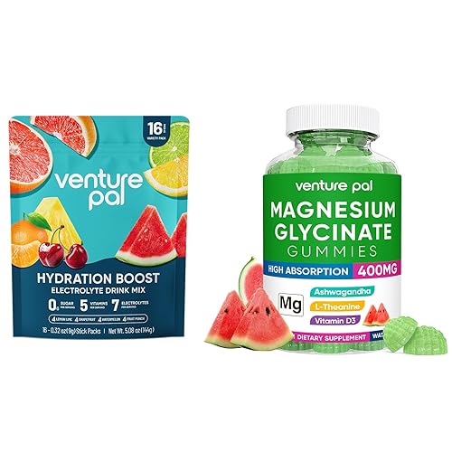 Venture Pal Paquete de gomitas de magnesio + polvo de electrolitos Glicinato de magnesio sin azúcar con Ashwagandha y mezcla de bebidas de