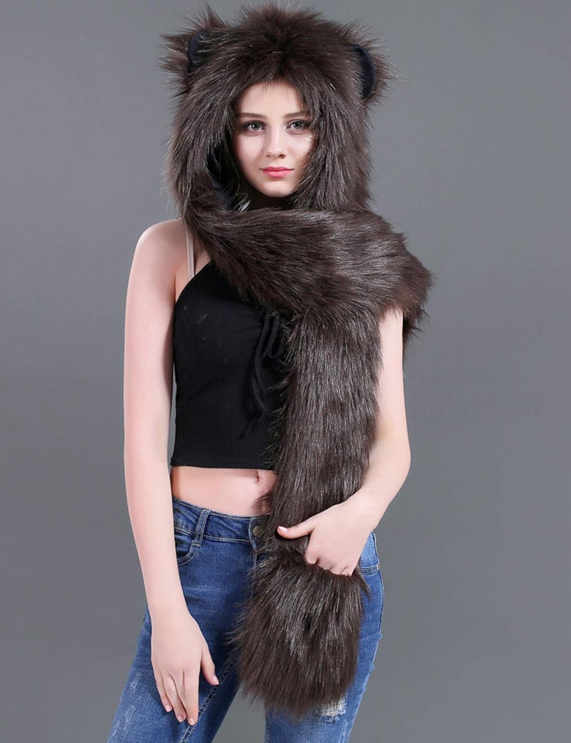 FHQHTH Faux Fur Animal Hood 3 in 1 Scarf Gloves Hat with Paws and Ears for Women Furry Wolf Cosplay Costume