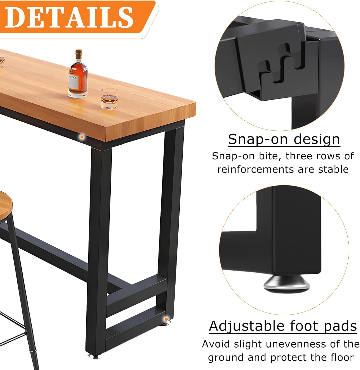 Bar Table, 2" Thick Solid Wood Farmhouse Pub Table, Industrial Counter Height Dining Table for Kitchen and Small Spaces