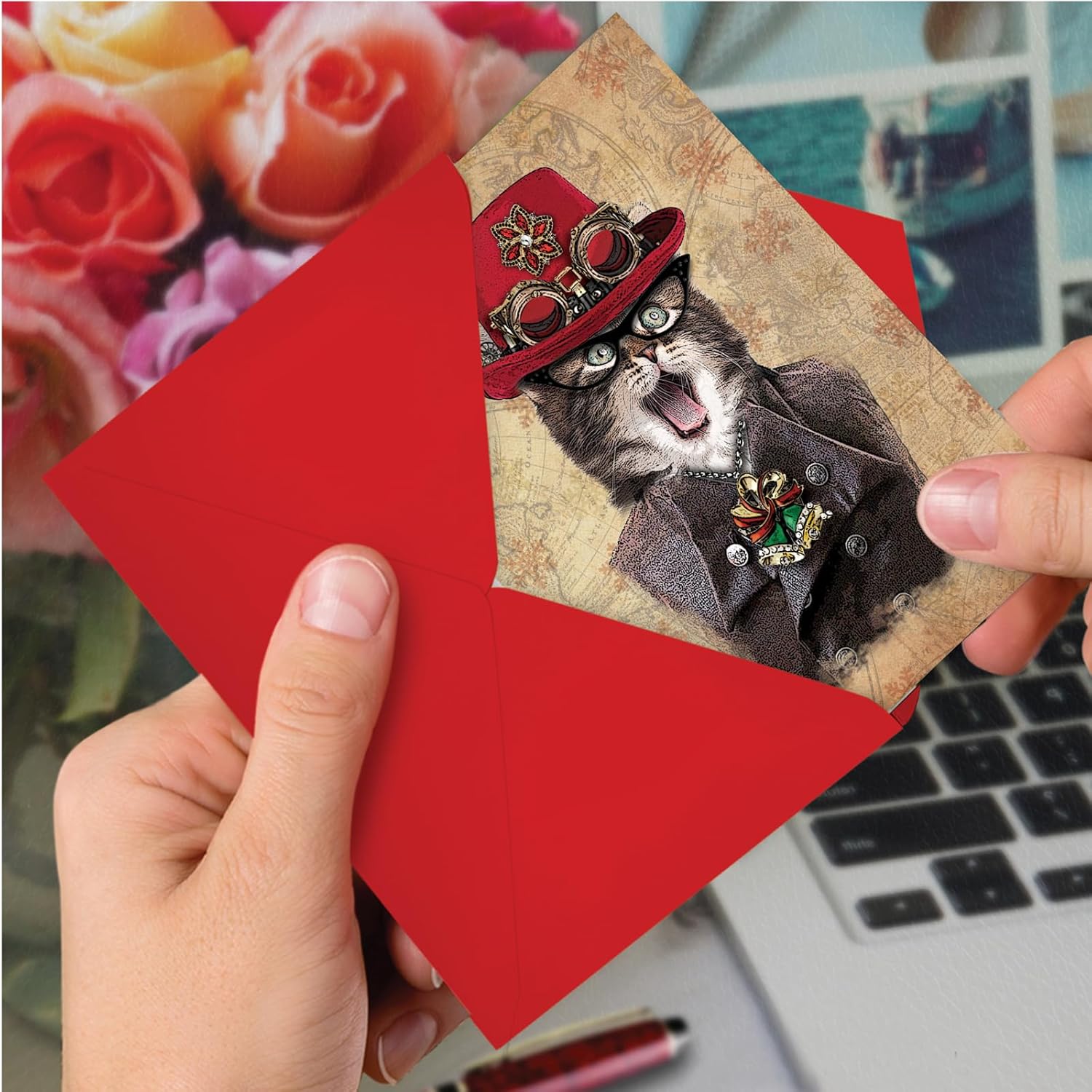 The Best Card Company - 12 Cat Christmas Greeting Cards - Cute Boxed Notecard Set, Holiday Animal Cards with Envelopes (1 Design, 12 Cards) - Steampunk Cats Red Hat B6554CXSG