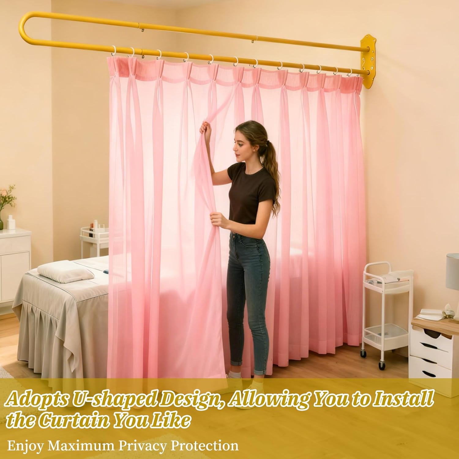 tonchean 6.56ft u shaped curtain rod partition curtain rod metal wall mounted room divider with flat hook for fitting room beauty salon spa bedroom hospital, gold