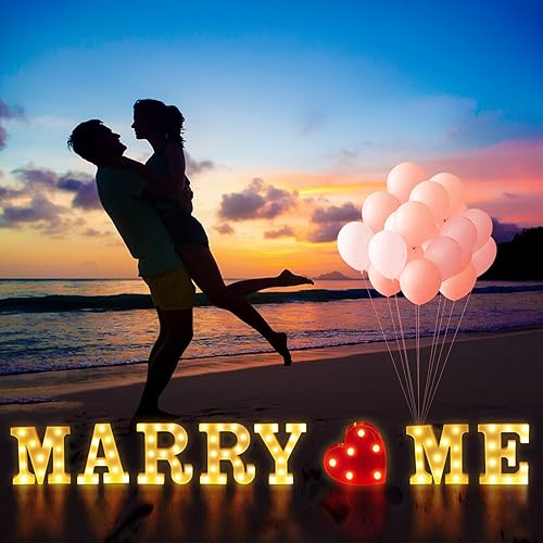Miniatura 6 de 6132 letras iluminadas de marquesina con texto en inglés "Marry Me", letrero de luz LED con número de letra con luz redonda, globos de pétalos