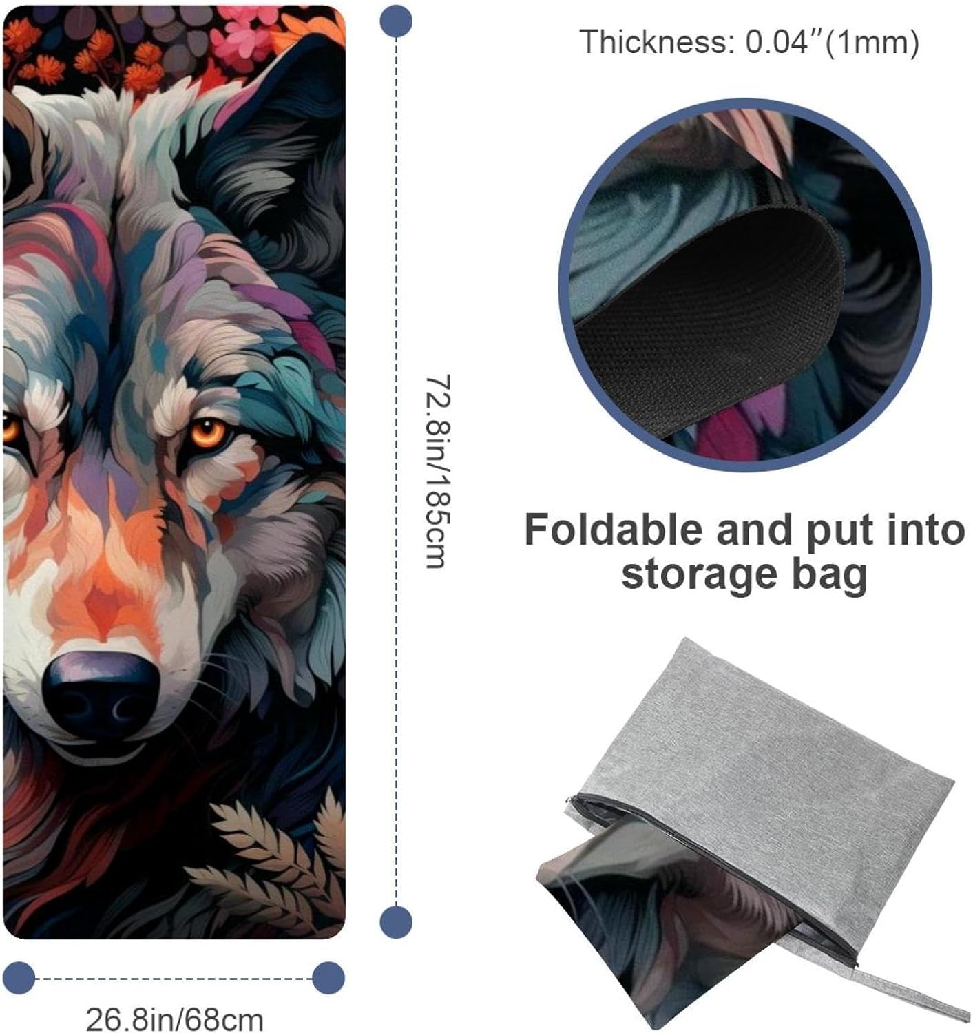 Yoga Towel, Wolf Animal Print Non Slip Sweat Absorbent Hot Yoga Mat Towel for Hot Yoga, Pilates and Fitness - 72.8" x 26.8"