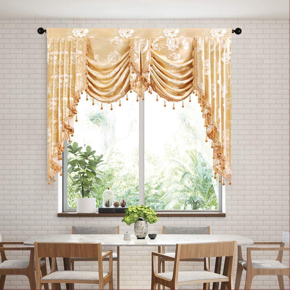 ELKCA Floral Jacquard Waterfall Valance for Bedroom Luxury Curtain Valance for Living Room (Floral-Golden, W49,1 Panel) Valance,floral-golden 49"W x 43"L (Pack of 1)