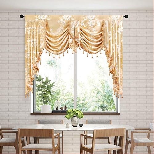 ELKCA Cenefa de cascada de jacquard floral para dormitorio, cenefa de cortina de lujo para sala de estar (floral-dorado, 49 de ancho, 1 panel)