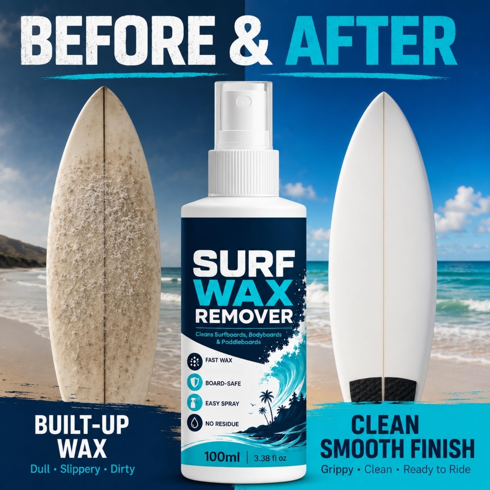 Surfbrett-Wachsentferner-Spray, schnell wirkende Reinigungsformel, schonend für Gelcoat, entfernt Rückstände und Schmutz, stellt die Oberfläche von Surfbrettern, Paddleboards und Bodyboards (6pcs)