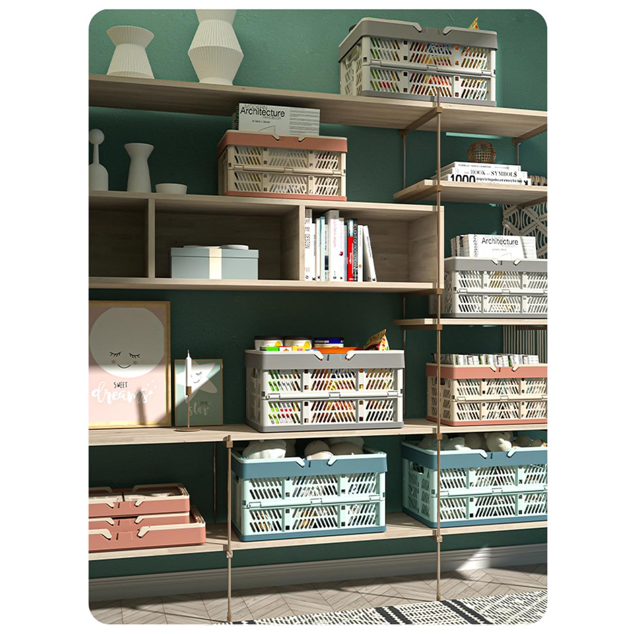 Caja de Plegable de Plástico,2 PCS Cesta Plegables Caja de Leche con Asas Cesta de Almacenamiento de Caja Barreño Cesta de la Compra para Dormitorio Oficina Hogar Cocina Baño Blanco y azul