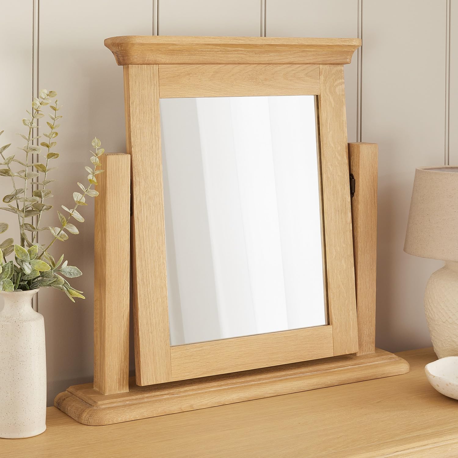 The Furniture Market Whitewash Oak French Chateau Oak Vanity Dressing Table Mirror | Solid Adjustable Hinged Mirror | Thumbnail Moulded Base | Timeless French Design | Natural Whitewash Finish