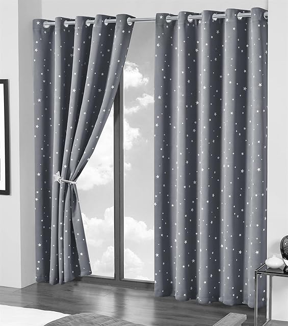 Olivia Rocco Blackout Curtain Pair Glow In The Dark Black Out Curtains Thermal With Eyelets Ring Top Window Treatment Kids Nursery Bedroom, 46 x 72 Grey Stars