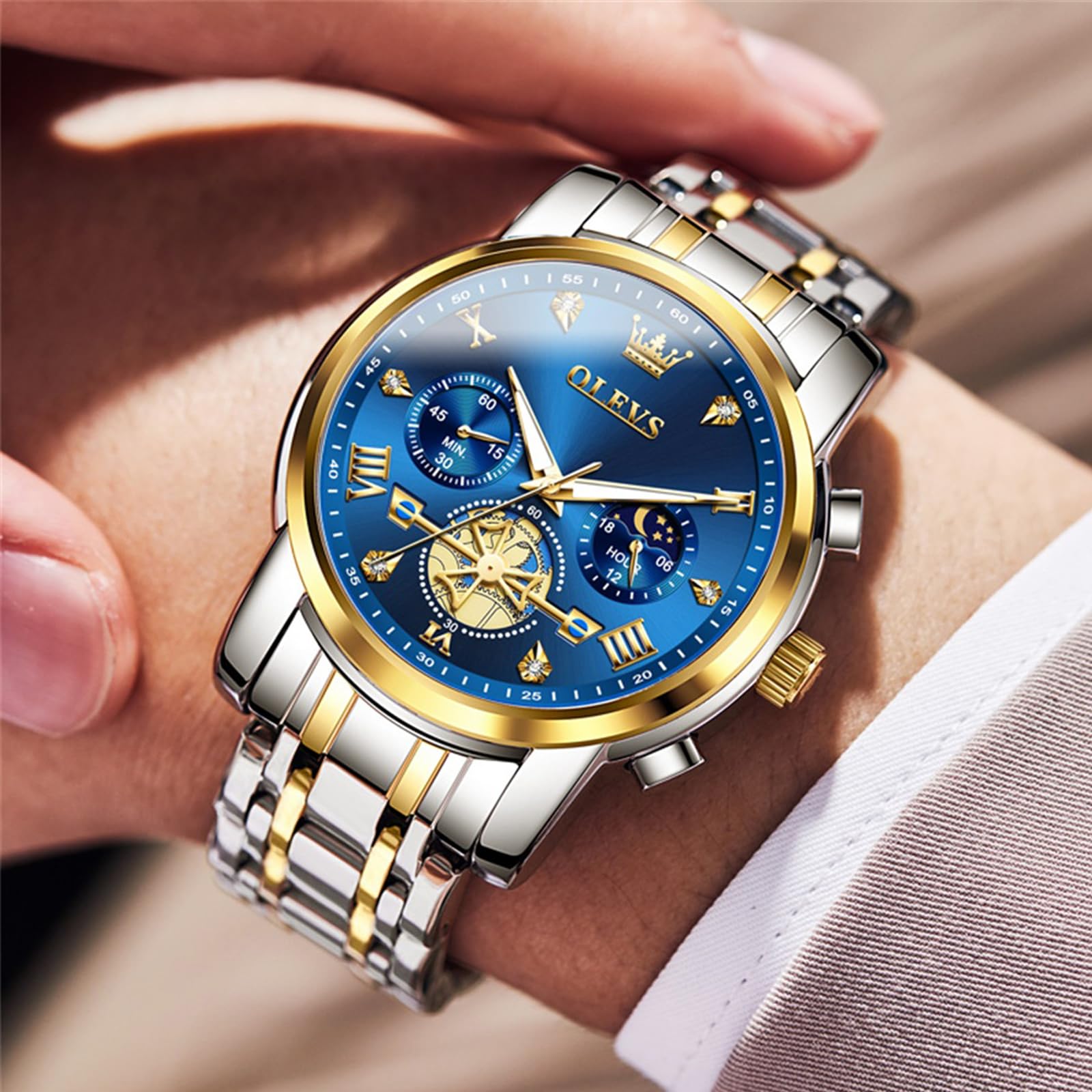 OLEVS Orologio da uomo con codice temporale, cinturino in acciaio inossidabile, impermeabile, multi funzionale, orologio da lavoro, al quarzo, rotondo, lussuoso, per uomo