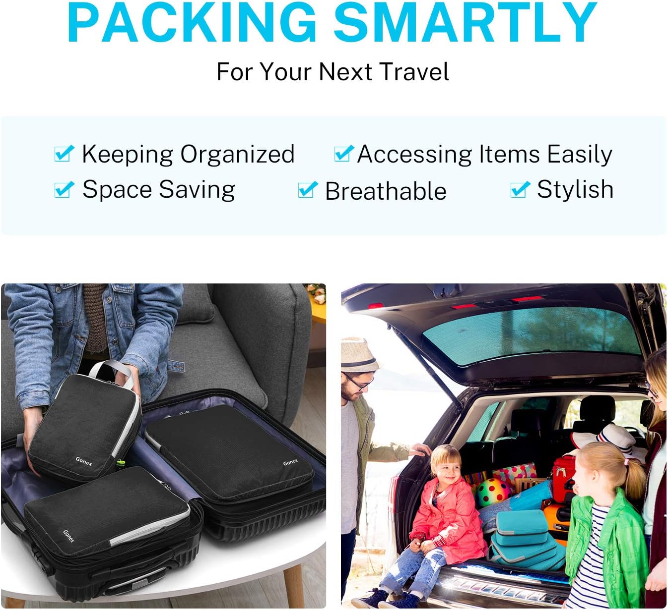  | Gonex Compression Packing Cubes,3pcs L+M+S Expandable StorageTravel Bags Luggage Organizers(Black) | Packing Organizers