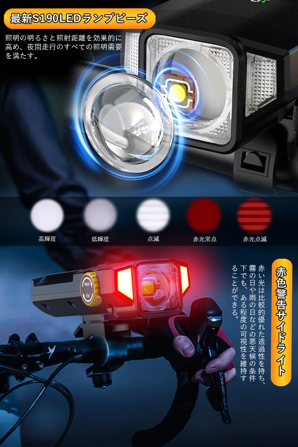Amazon | 【2025新型ズーム式】自転車 ライト 明るい 強力 白+赤双光源