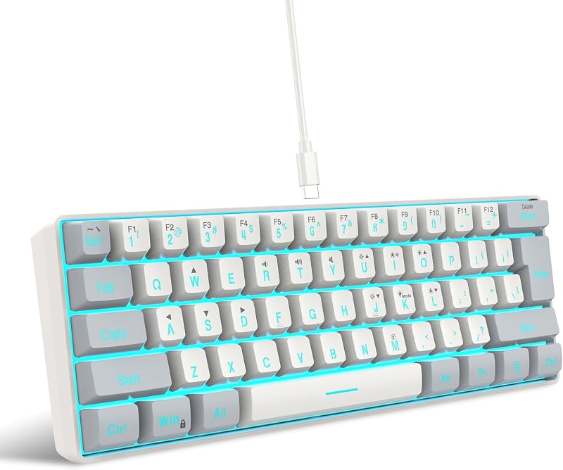 60% Wired Gaming Keyboard, 61 Keys RGB (Grey-White) | Backlit Small Gaming Keyboard for PC/Mac Gamer, Typist, Travel, Easy to Carry on Business Trip