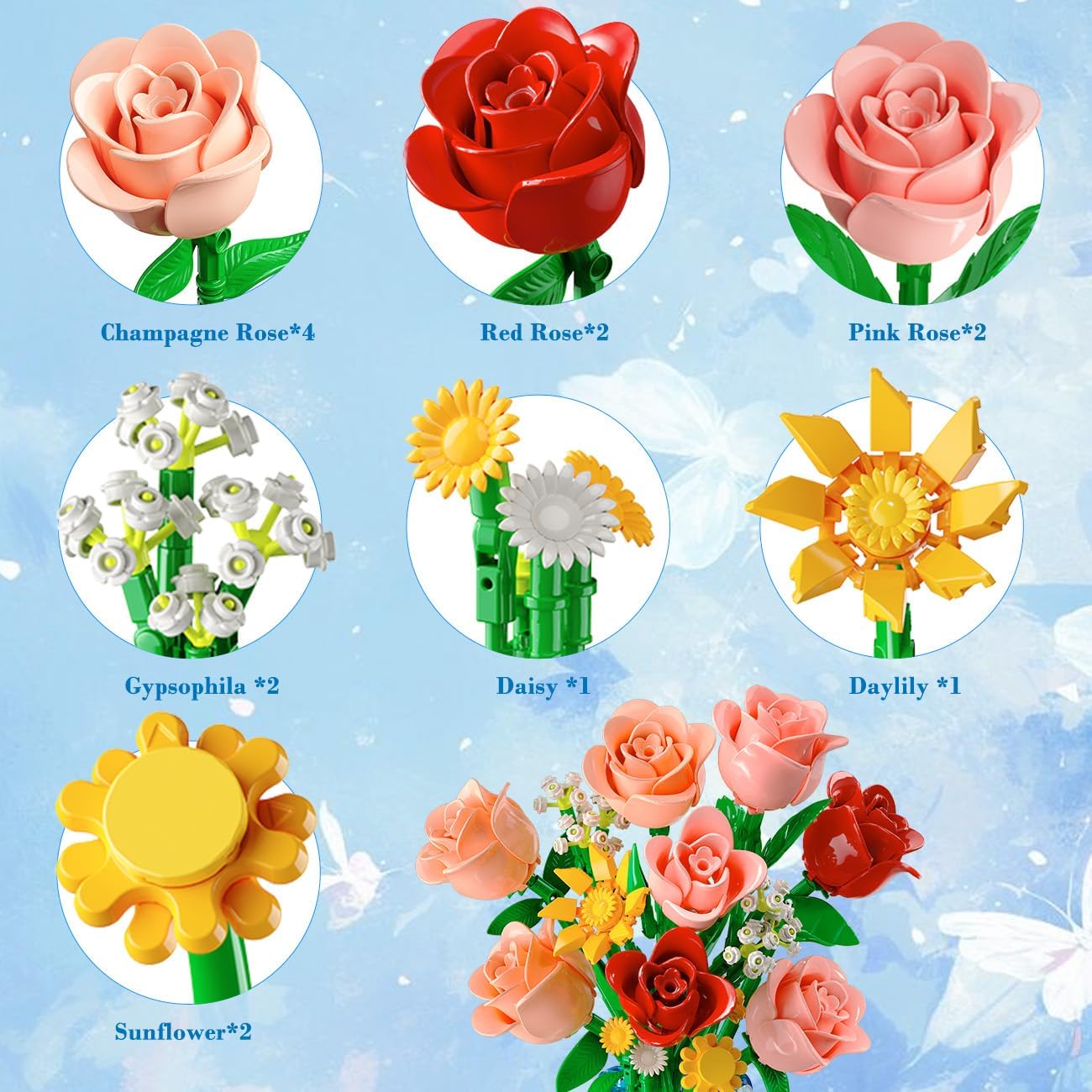 14 Flowers Bouquet Building Set with Vase and LED Light, Valentine‘s Day Gifts for Her, 747 PCS Mini Roses Flower Botanical Building Blocks Toy, Artificial Roses Flowers Home Decor & Display - Image 6