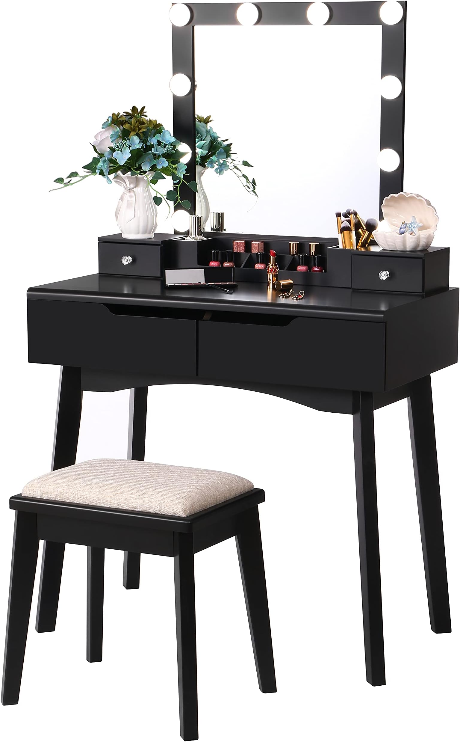BEWISHOME Vanity Desk with Lighted Mirror, Makeup Table with Lights, Black Small Vanity Set Makeup Desk with 4 Drawers 2 DIY Dividers Removable Organizer Stool,Dressing Table for Girls Bderoom FST10H