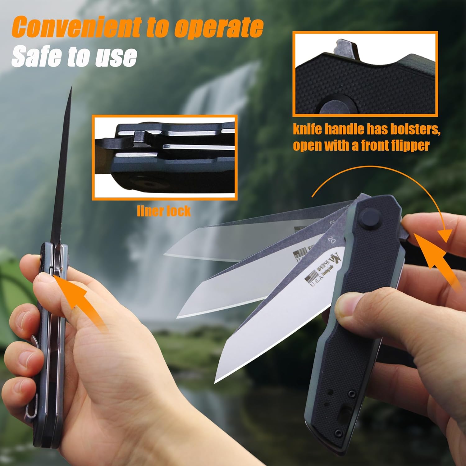 WPKOPYA 7.8in Folding Pocket Knife with D2 Steel Blade, G10 Handle, Ball Bearing Pivot, Stonewashed Finish – Outdoor EDC Utility Tool for Camping, Hiking, Survival Use(G10 - Black/Onyx Color)