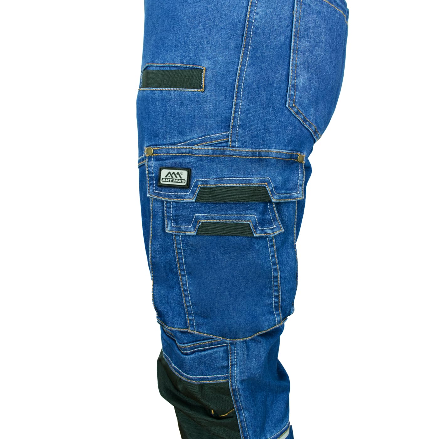 ART.MAS COLEMANN - Salopette da lavoro da uomo, elasticizzate, resistenti, 13 tasche, ginocchia rinforzate, tasche sulle ginocchia, per artigianato, edilizia, industria, 70% cotone, nero/blu marino
