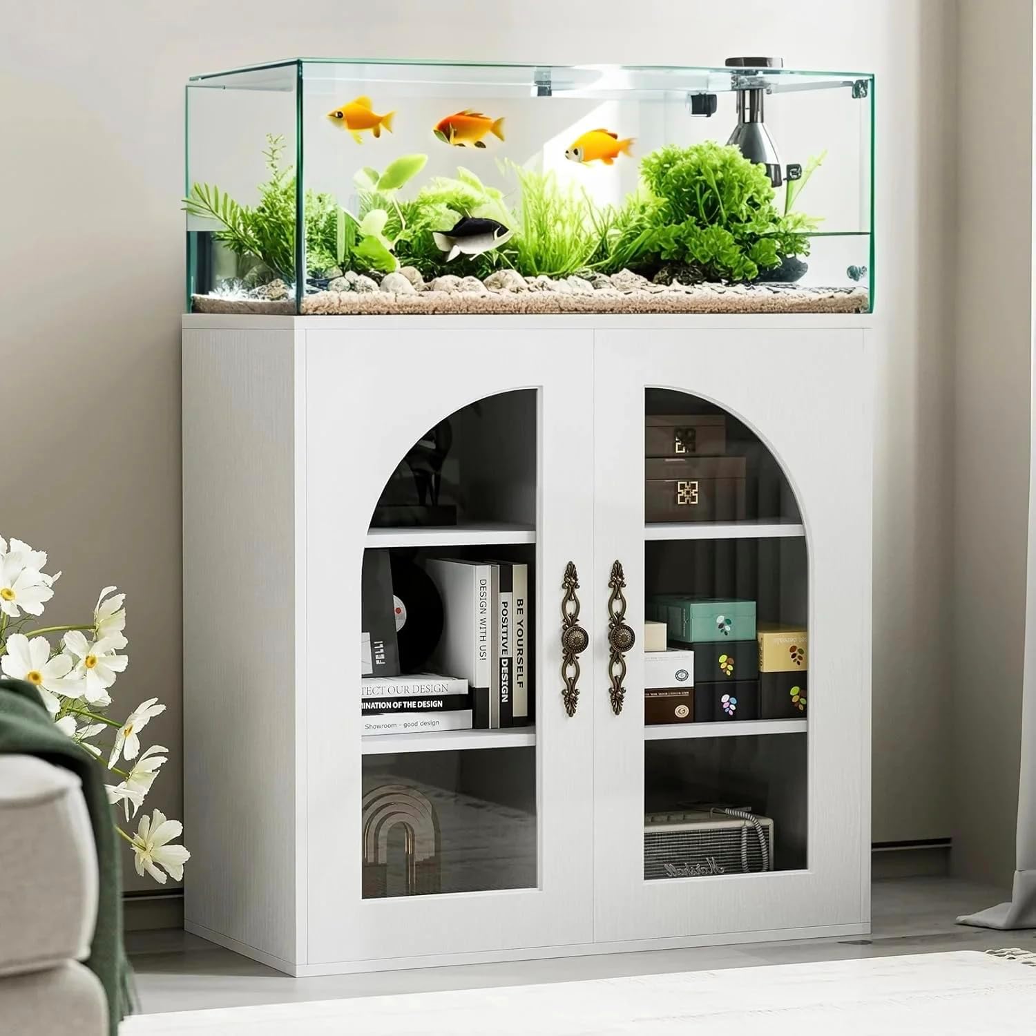 20-29 Gallon Fish Tank Stand with Adjustable Shelves, Glass Door Aquarium Stand with Storage Cabinet, 31"x15" Reptile Terrarium Stand with Bronzed Metal Handles, Level Footings, 180 Lbs