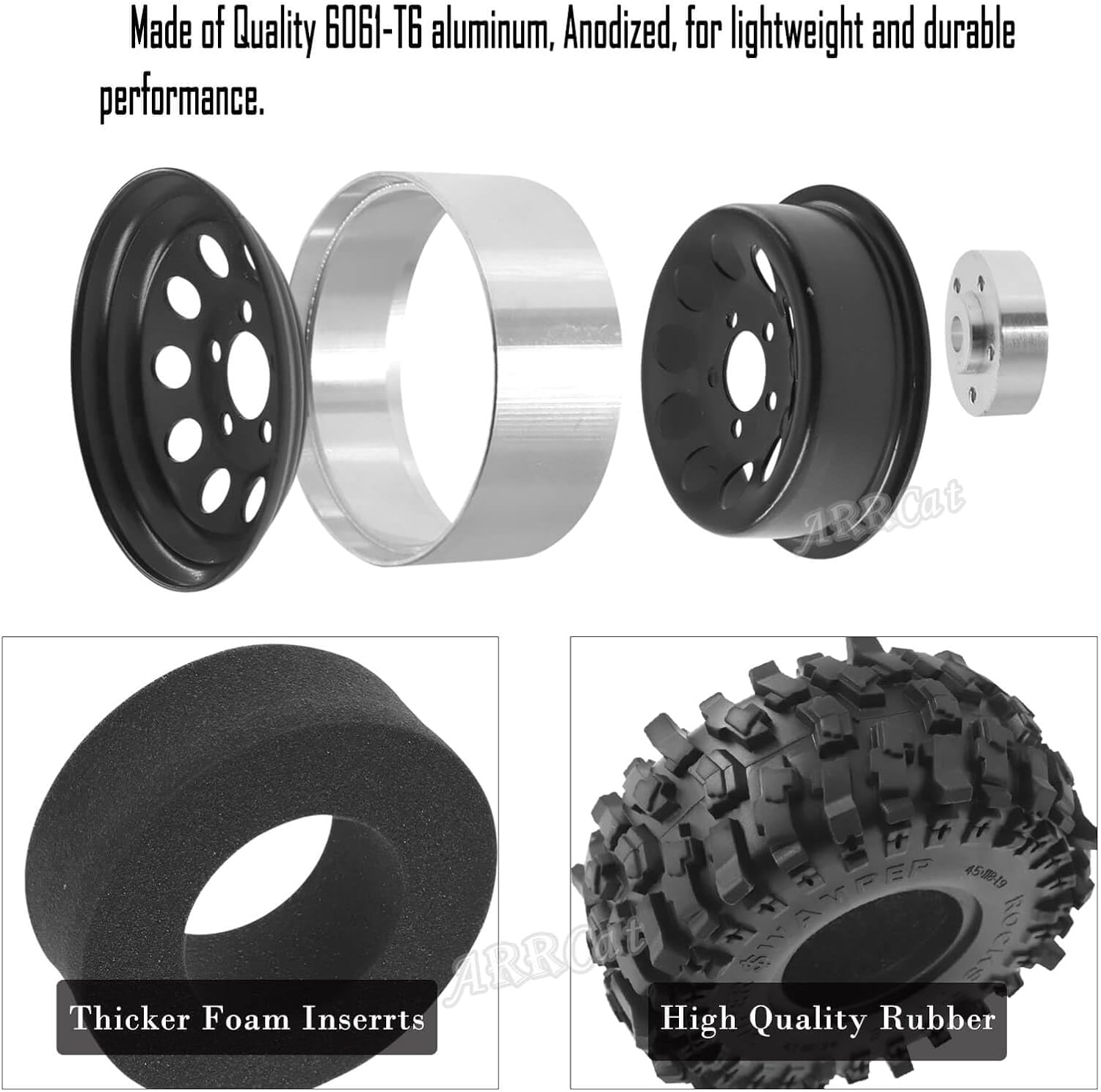Aluminum RC 1.9 Beadlock Wheel Rims and Tires for 1/10 RC Crawler Car SCX10 SCX10 II 90046 SCX10 III AXI03007 SCX10 Pro TRX4 TRX6 D90 Gen7/8 VS4-10 MST CFX,1.9 Beadlock Wheels and Tires,Black