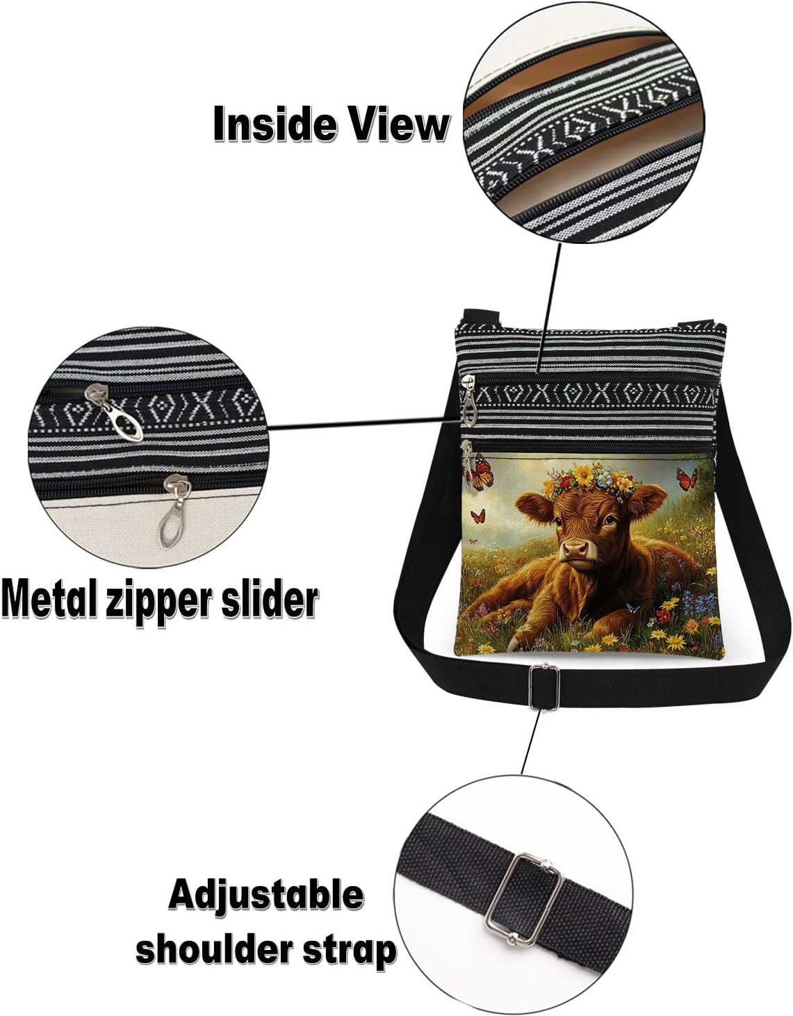 Highland Cow with Floral Crown Crossbody Bag Daily Use Purse