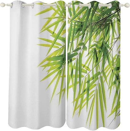 Amazon 遮光カーテン プリント 竹 シンプル 葉 イラスト 緑 白 おしゃれ 飾り カフェーカーテン キッチン トイレ 目隠し 小窓用カーテン 省エネ 洗える 幅70cm 丈100cm 2枚 カーテン オンライン通販