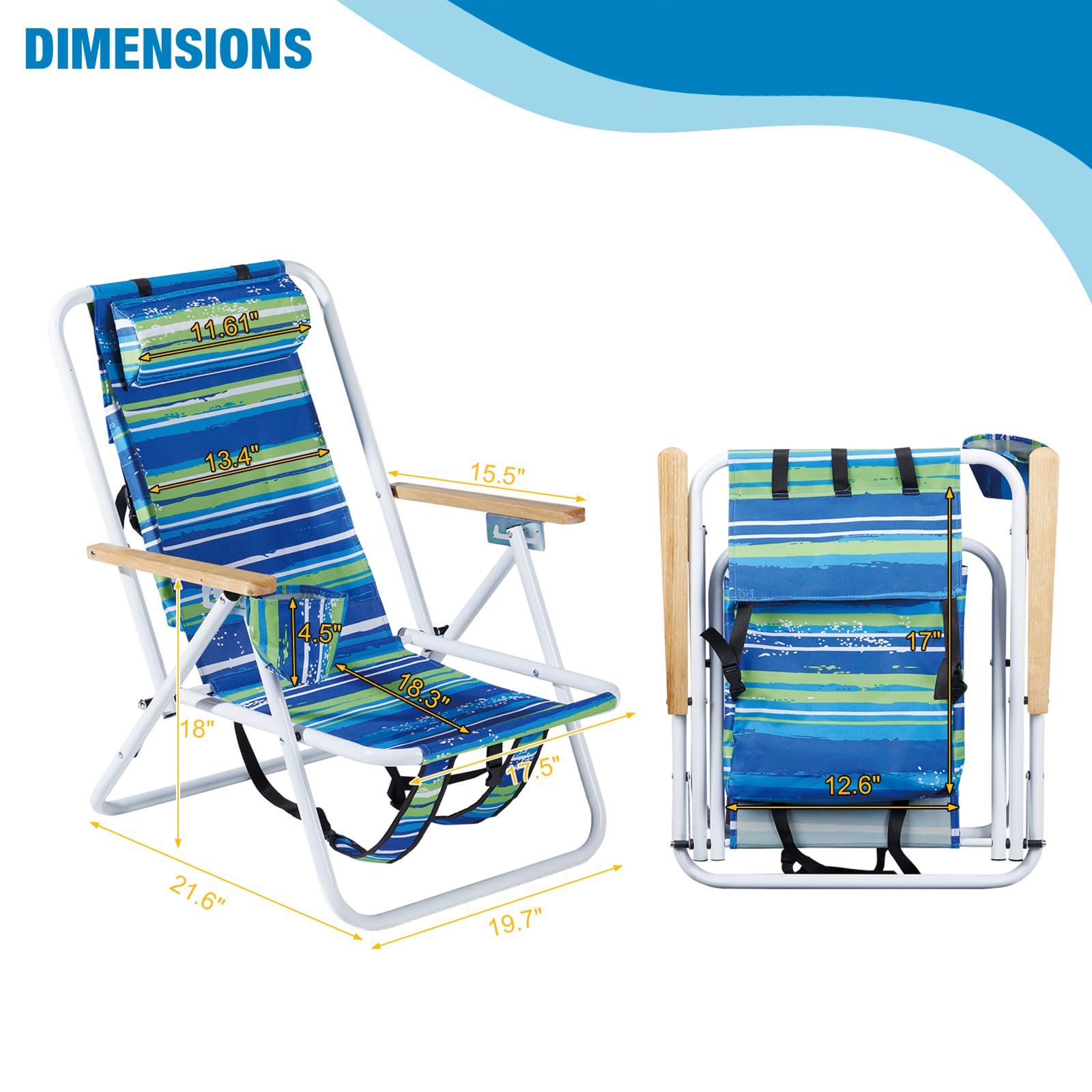Folding Beach Chair Set of 2 for Adults, 4 Position Portable Backpack Foldable Camping Chair with Headrest Cup Holder and Wooden Armrests, Blue & Green Stripes