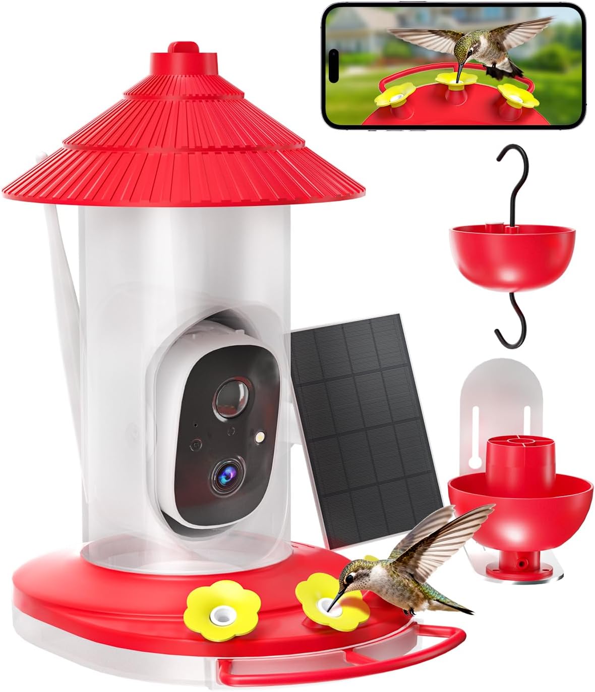 Smart Hummingbird Feeder with Camera Solar Powered for Outdoors IP66 Waterproof 2K FHD AI Recognition Hanging Hum Bird Feeder Camera for Outside Backyard Garden, Gifts for Birdlover Mom Dad (Red)