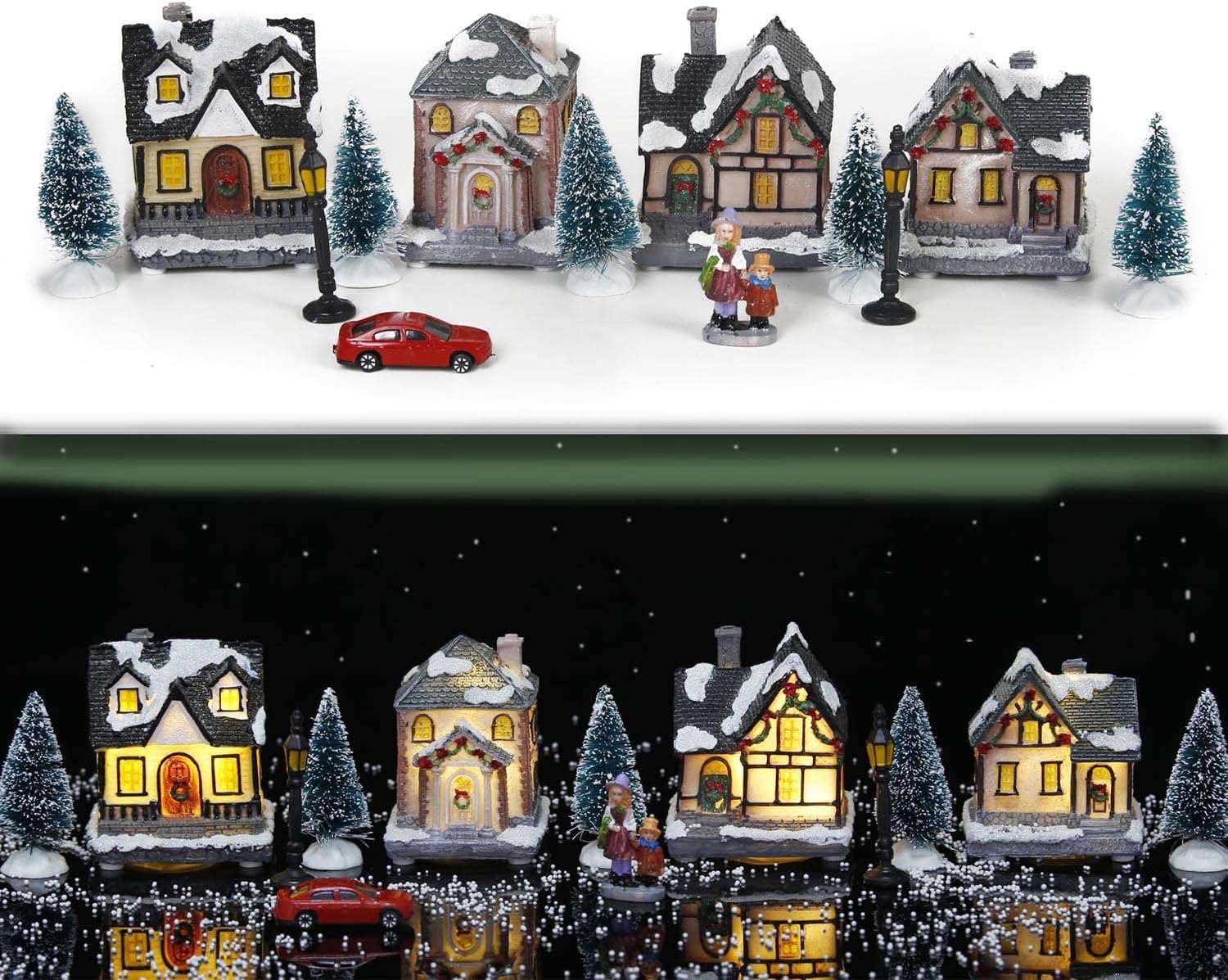 innodept12Lighting-up Christmas Village House Building - Tiny Resin Houses Village Street Christmas Lamp Accessories Set of 4