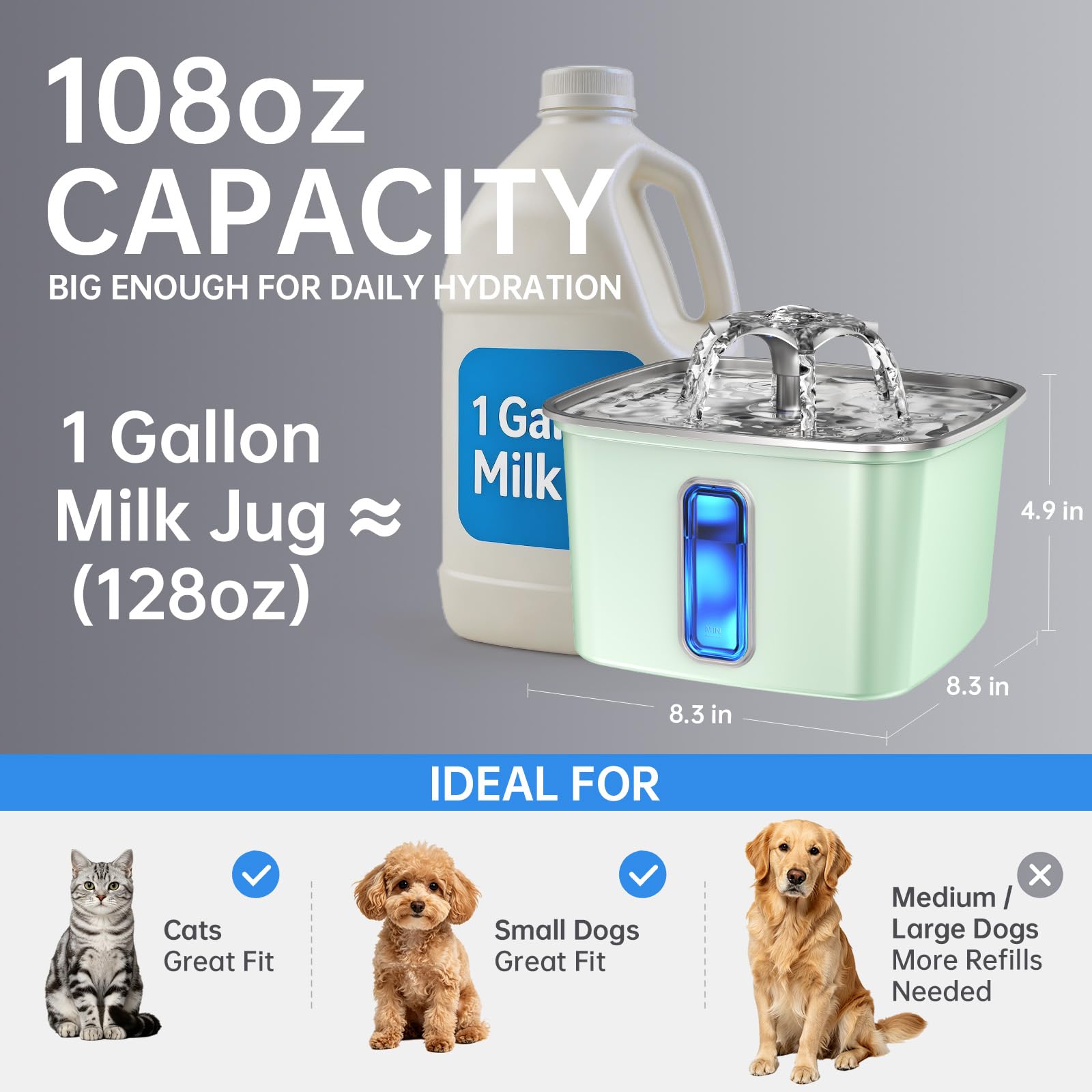 Veken Innovation Award Winner Stainless Steel Cat Water Fountain, 108oz, C1 view 4