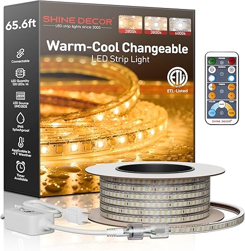 Shine Decor Tira de luz LED conectable, CCT 2800-6000K tono cálido y frío cambiante para habitación, 65 pies, 120 V, enchufable, cuerda de