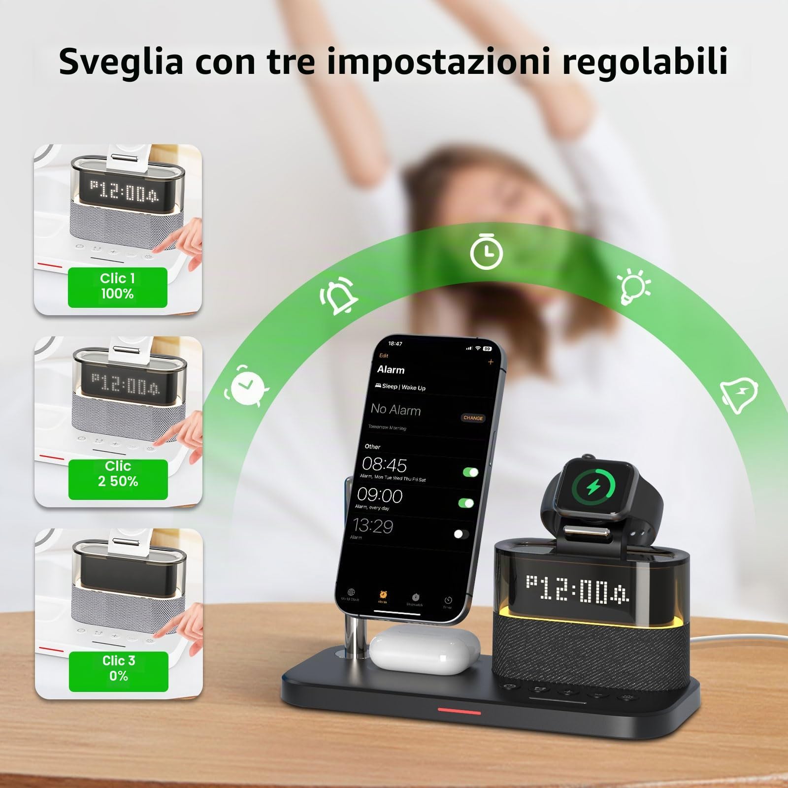 Caricabatterie wireless 5 in 1 con sveglia, stazione di ricarica wireless con luce notturna compatibile con iPhone 17 16 15 14 13 12 Pro Max, Apple Watch e auricolari con ricarica wireless (Nero)