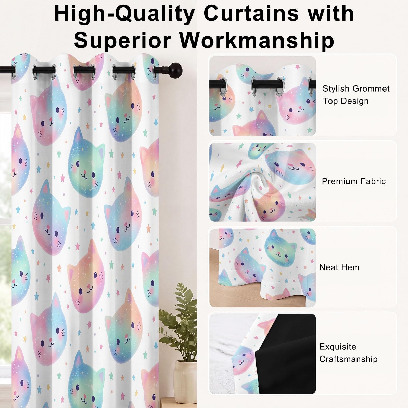 Cortina opaca con diseño de dibujos animados de ensueño con diseño de gato y lunares, arco iris, reducción de ruido, cortinas opacas con ojales, para salón, dormitorio, habitación infantil, decoración