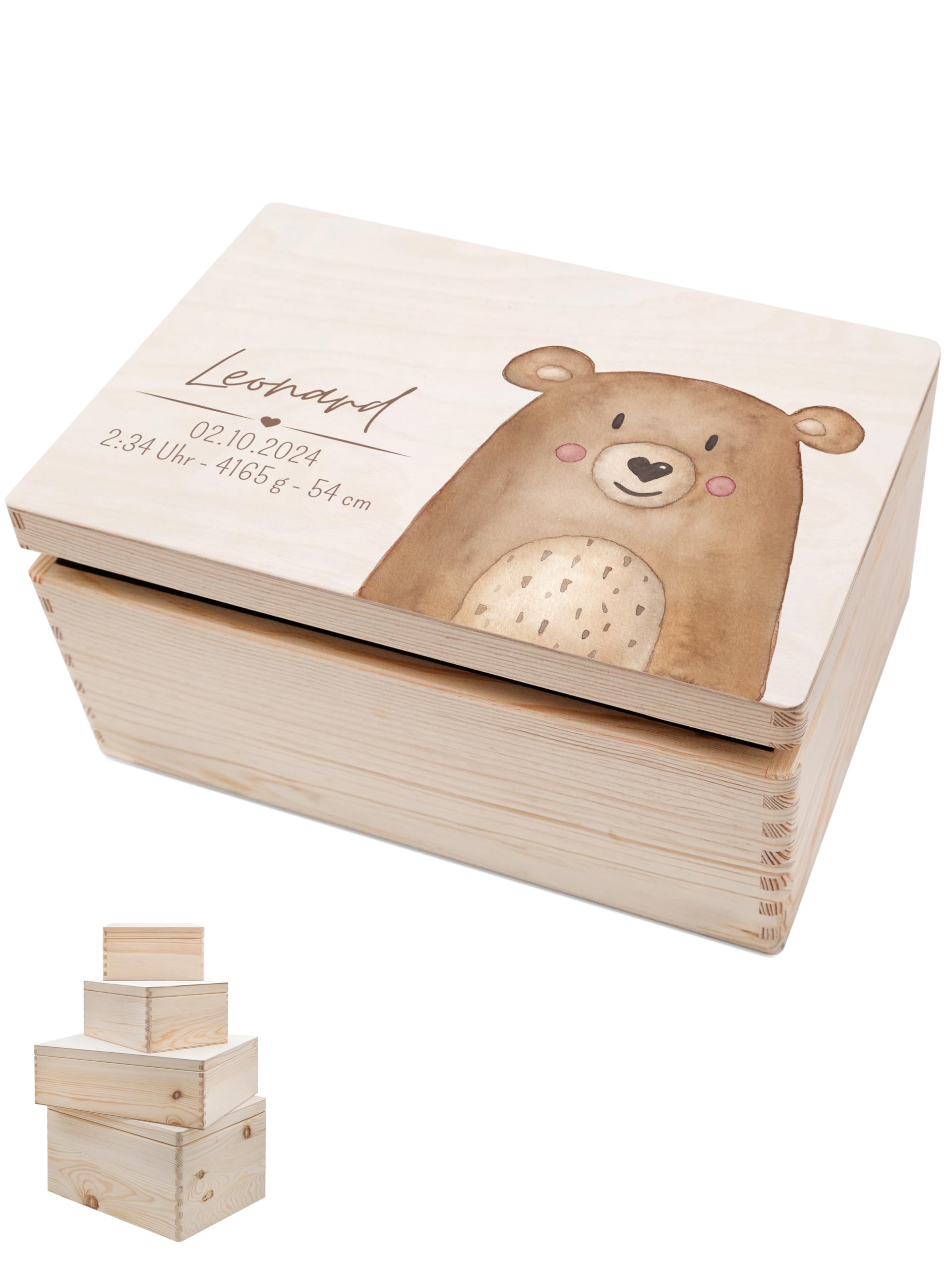 wunderwunsch - Personalisierte Erinnerungskiste Baby mit Spezial-Druck - Baby Erinnerungsbox - Erinnerungskisten aus Holz - Geschenk zur Geburt (Bär, M flach-Klappdeckel)