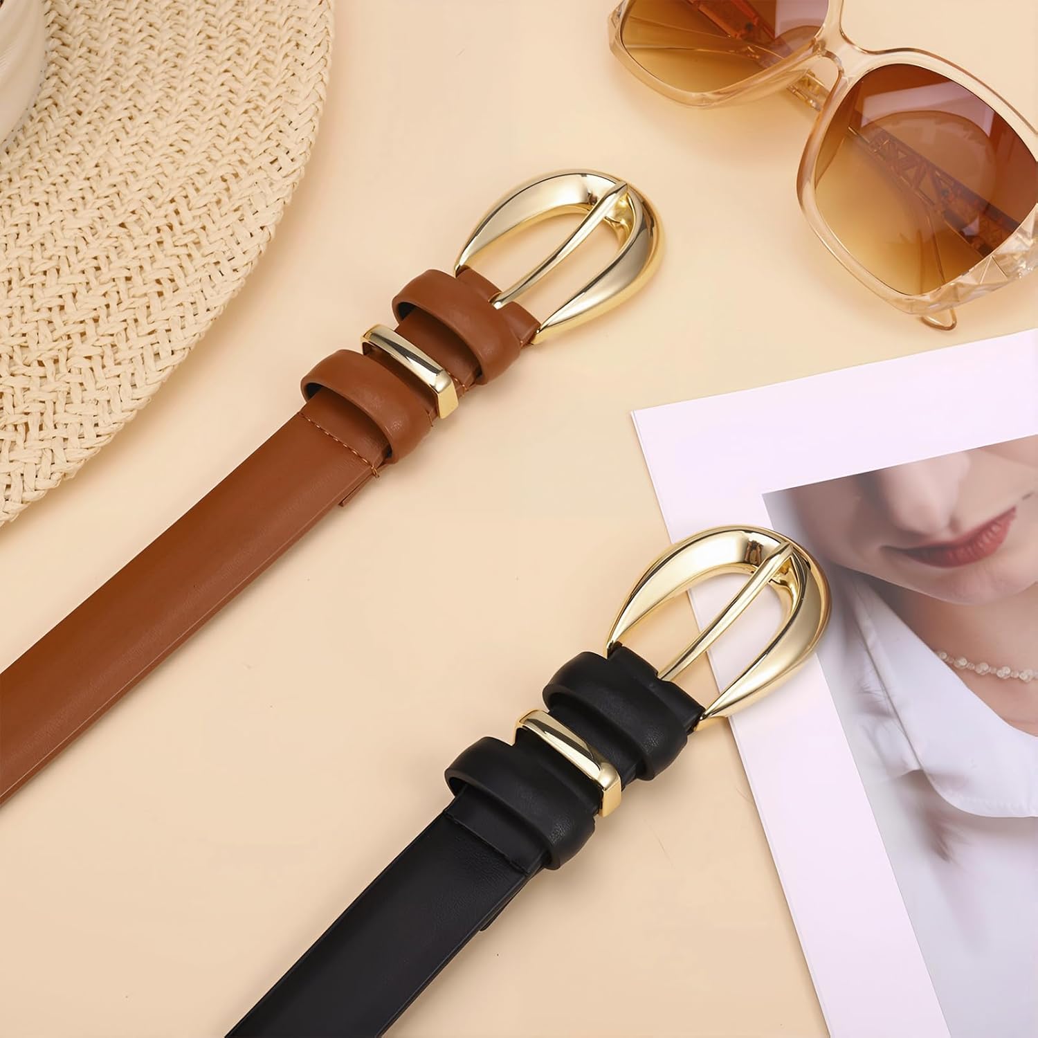 Womens Leather Belt for Jeans Pants - 2 Pack Fashion Leather Ladies Waist Belt with Gold Buckle - Image 8