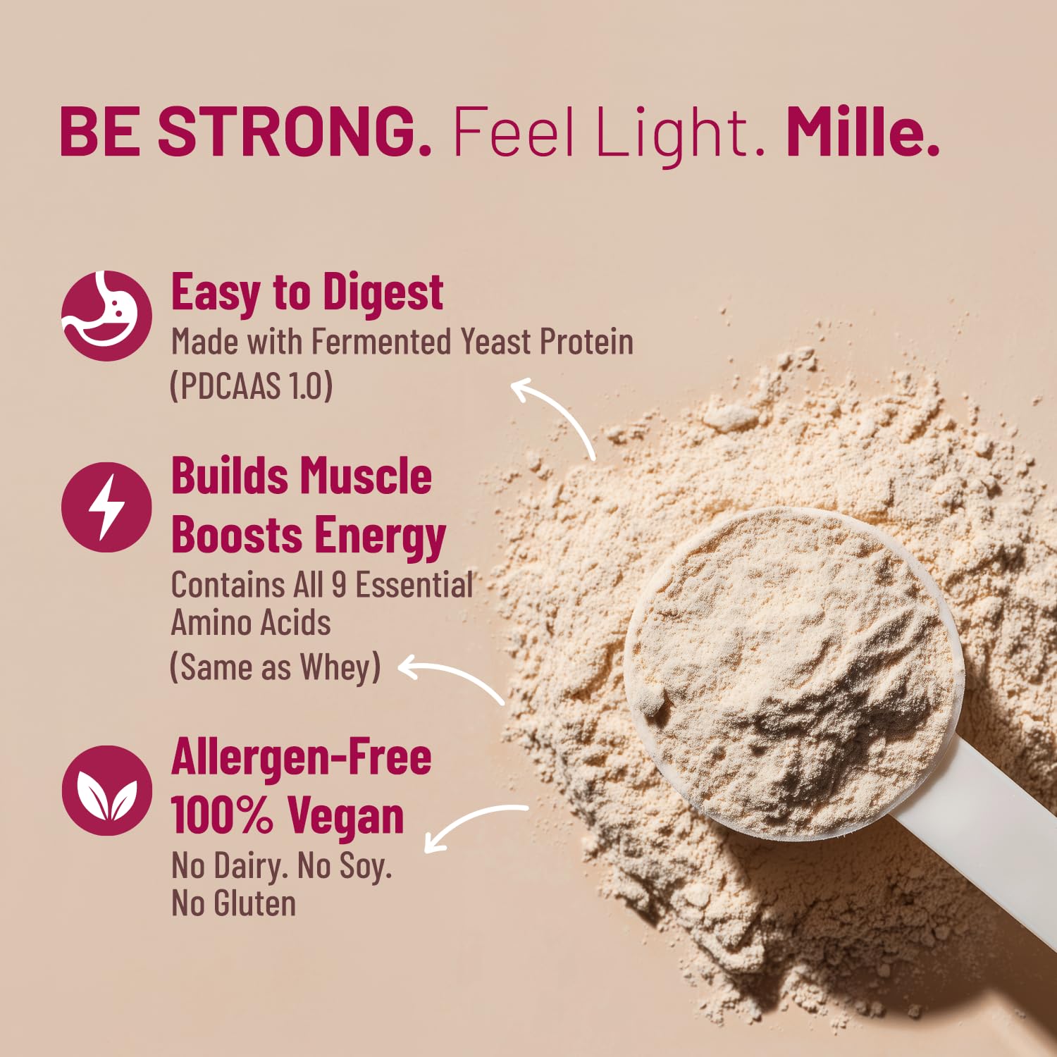 Mille Plant Protein | 31g Protein/Scoop | Unflavoured Trial Pack of 3 | Made with Fermented Yeast Protein Powder | No Bloat Vegan Heat-Stable | Has All 9 Essential Amino Acids | Mixes into Any Dish | 38g Trial Pack x 3 — Amazon image 3