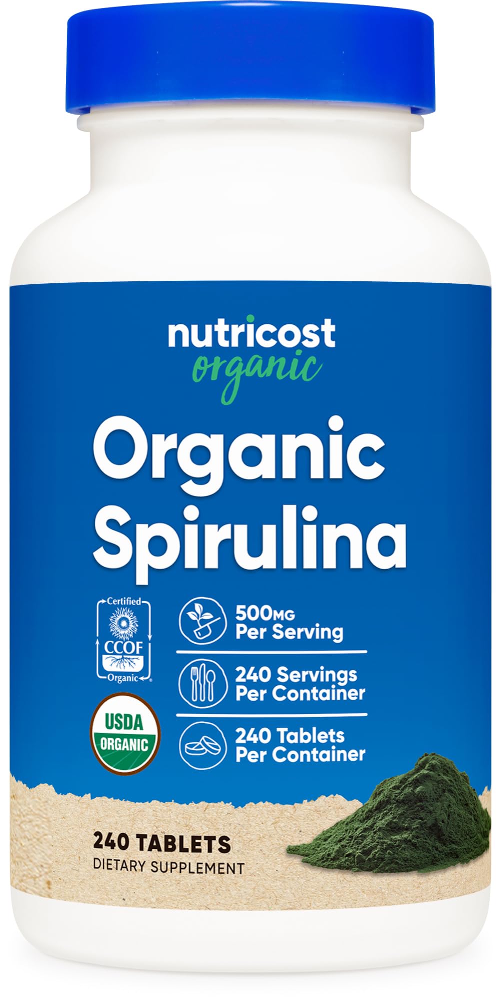 Organic Spirulina 500mg, 240 Tablets - Gluten Free, Non-GMO