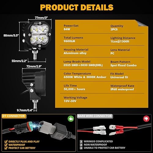 Miniatura 7 de Auxbeam 3 pulgadas 84W LED Pods DRL & Turn Signal X-PRO Series 9600LM Spot Flood Combo Luces de zanja Offroad Foco de conducción ámbar niebla cubo