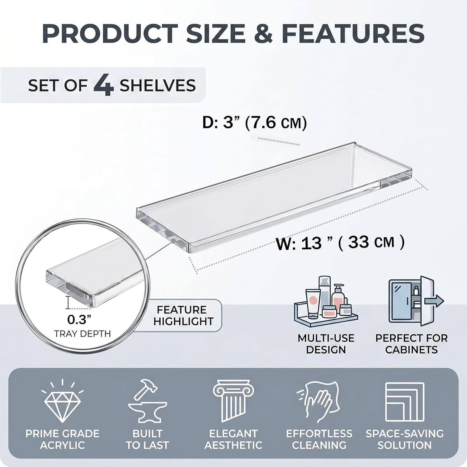 4 Pcs Clear Acrylic Medicine Cabinet Replacement Shelves 13 Inch Sturdy Bathroom Cabinet Replacement Shelf for Wall Mounted Cabinets, Standard